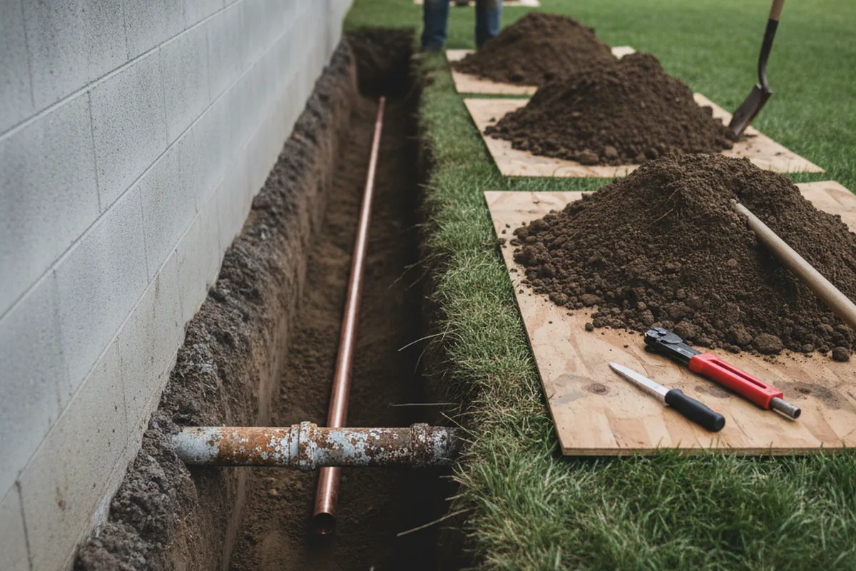Excavated water line trench during Sewer Line Repair in Pisgah